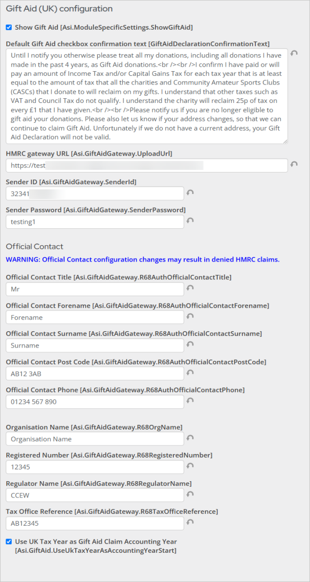 Viewing Gift Aid (UK) configuration